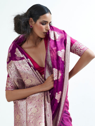 Wine Party Wear Organza Woven Design Saree With Unstitched Blouse - Odette