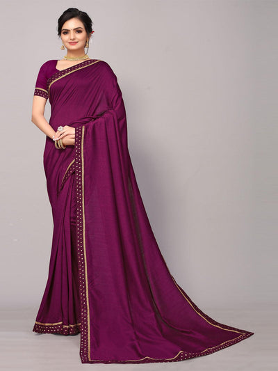 Wine Poly Silk Embellished Border Work Saree with Blouse. - Odette