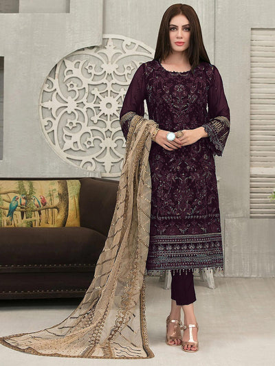 Wine Women Embroidered Salwar Suit Set - Odette