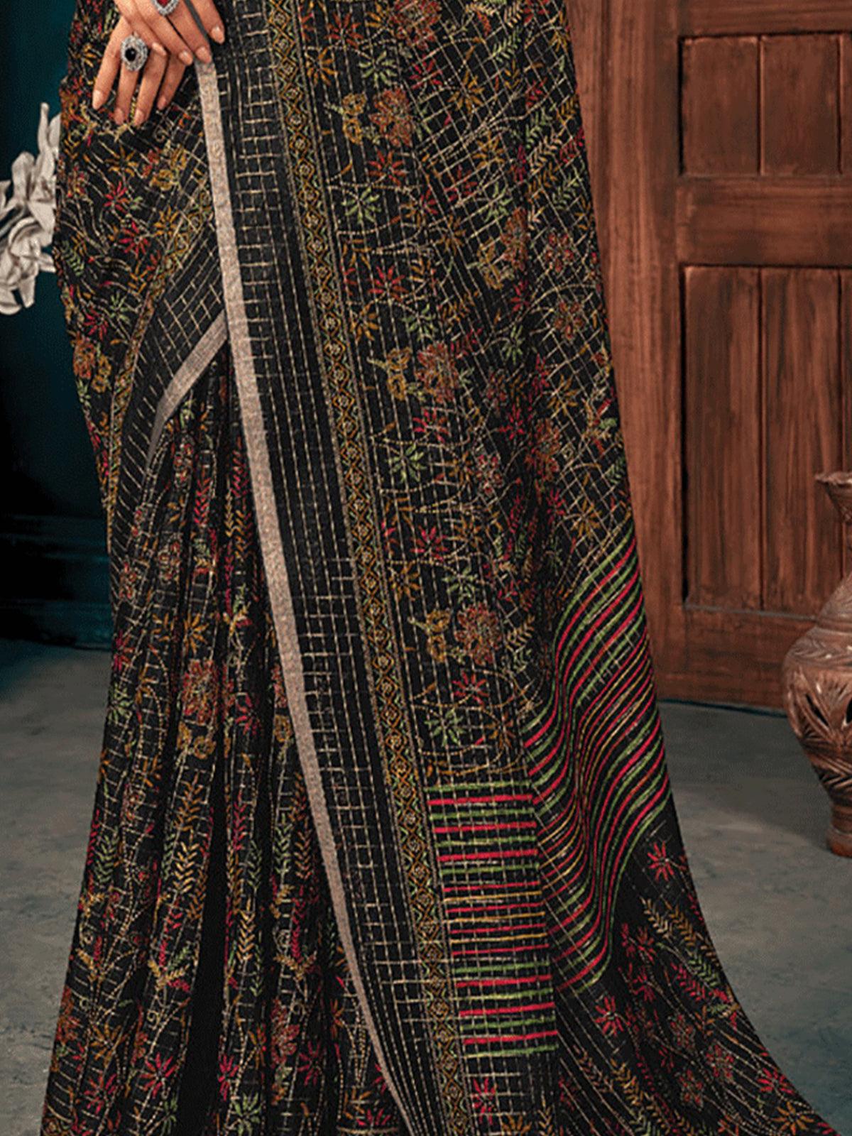Women's Black Cotton Printed Saree With Blouse Piece - Odette