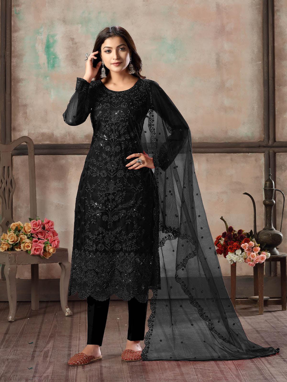 Black Silk Kurti with Embroidery and Straight Black Palazzos with Gree –  anokherang
