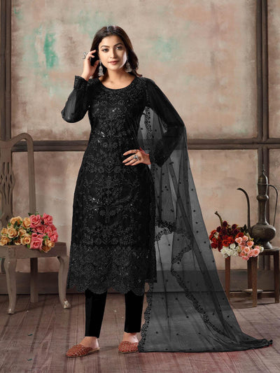 Women's Black Net Semi Stitched Salwar Suit- - Odette