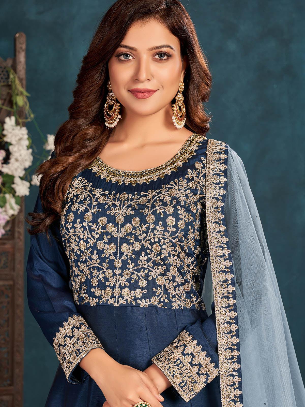Women's Blue Art Silk Semi Stitched Salwar Suit - Odette