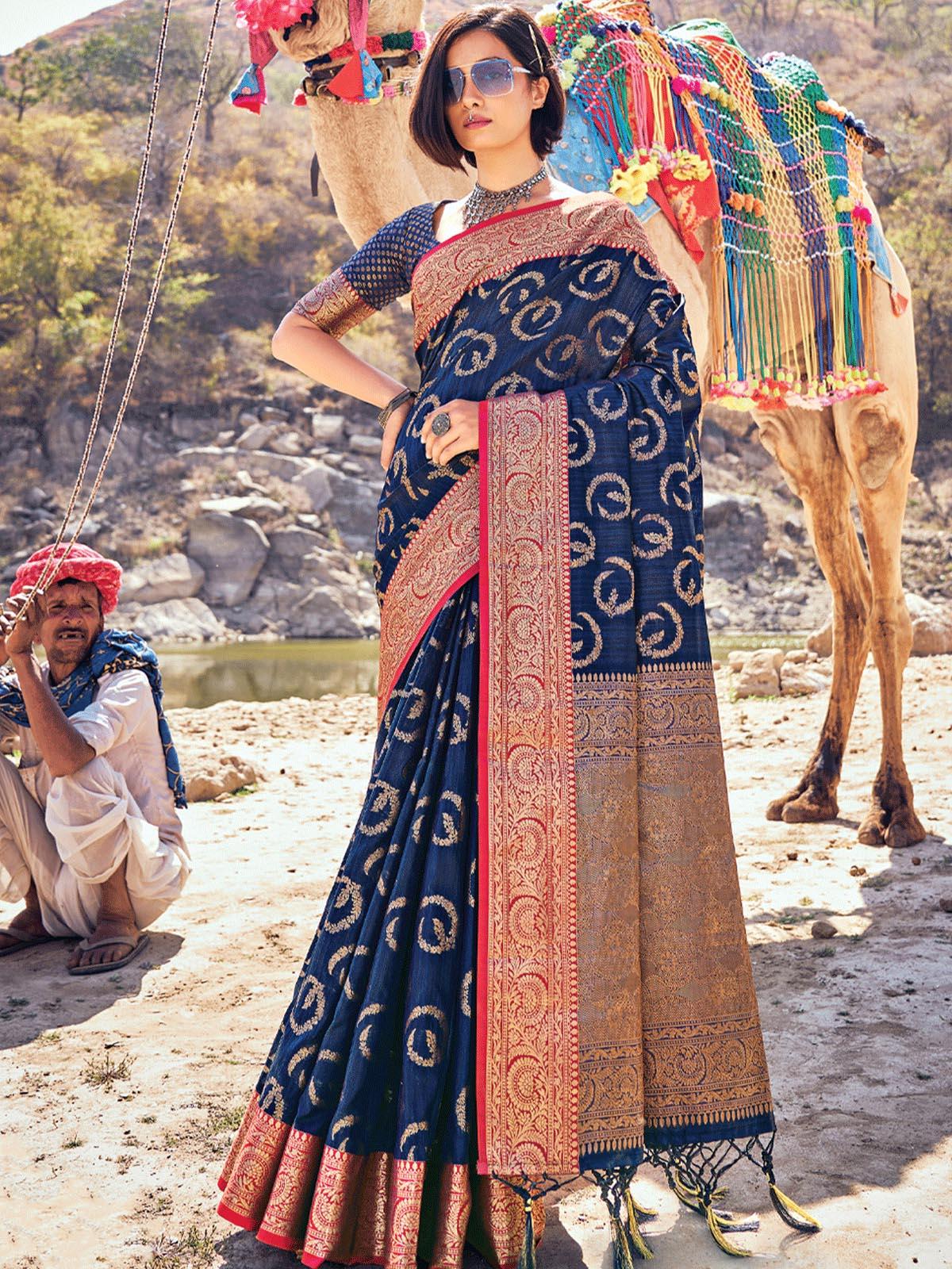 Women's Blue Banarasi Silk Woven Design Saree With Blouse Piece - Odette
