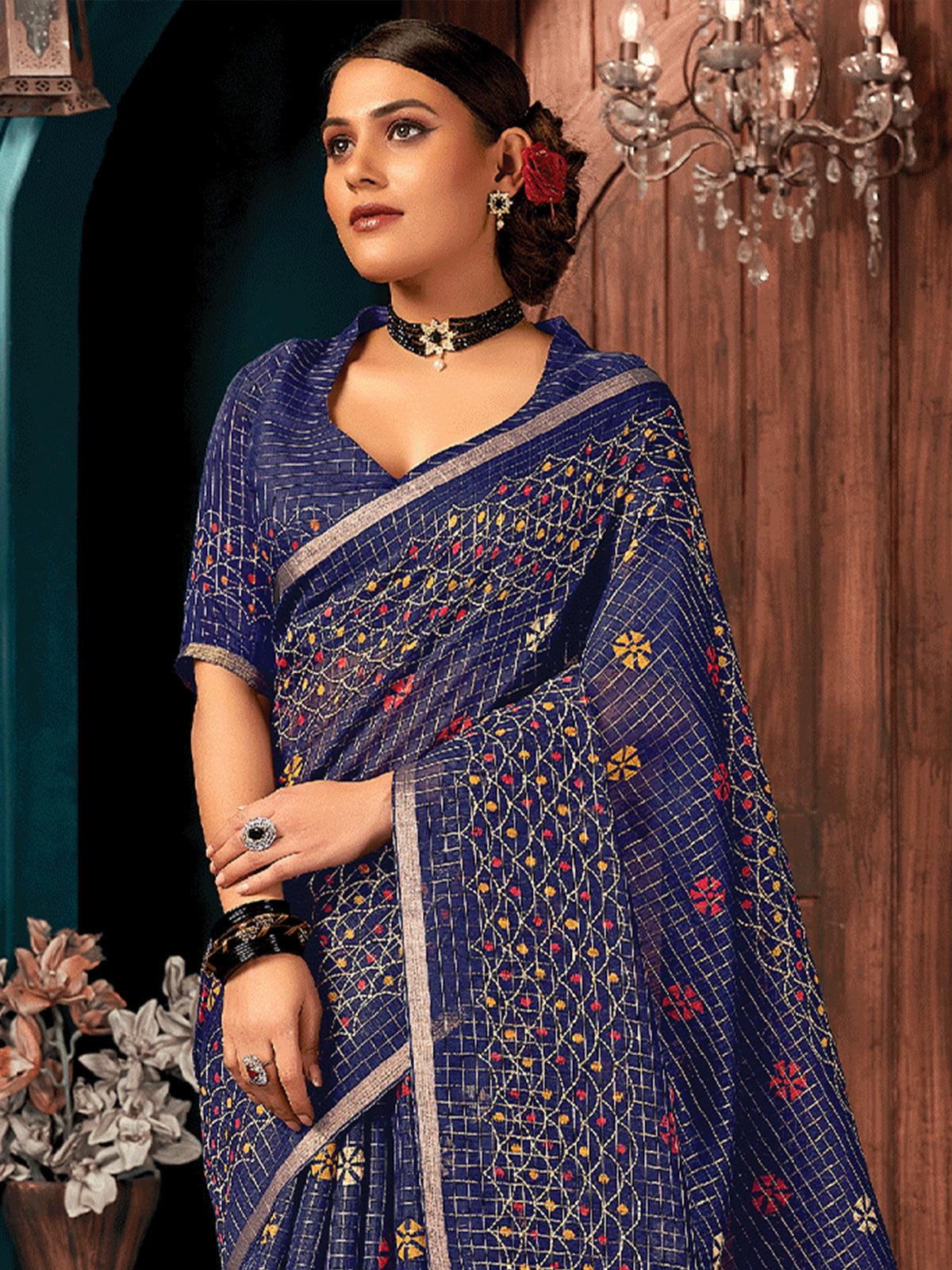 Women's Blue Cotton Printed Saree With Blouse Piece - Odette