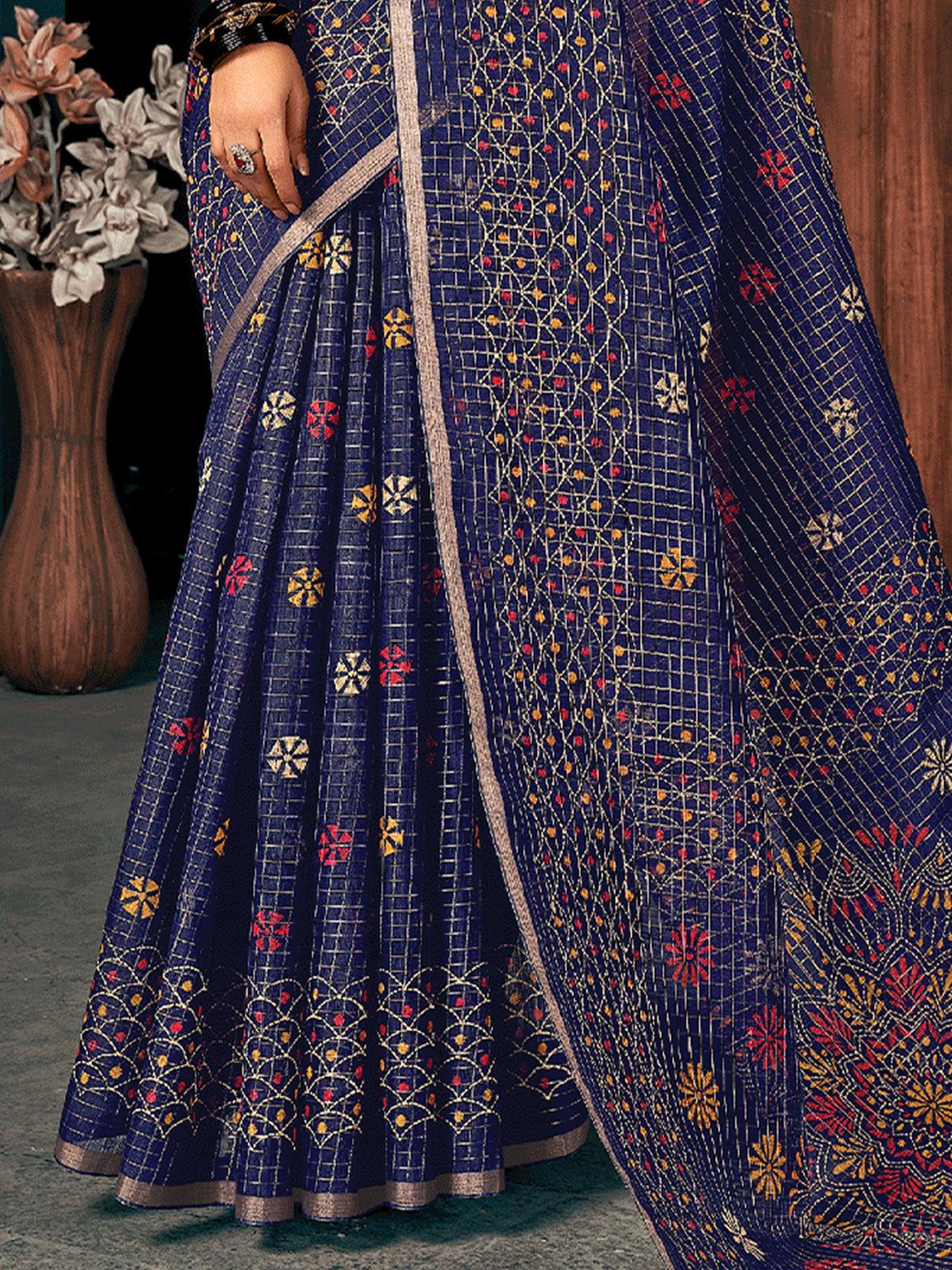 Women's Blue Cotton Printed Saree With Blouse Piece - Odette