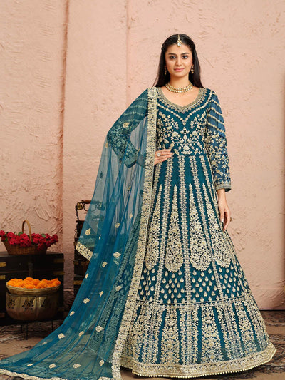Women's Blue Net Semi Stitched Salwar Suit - Odette