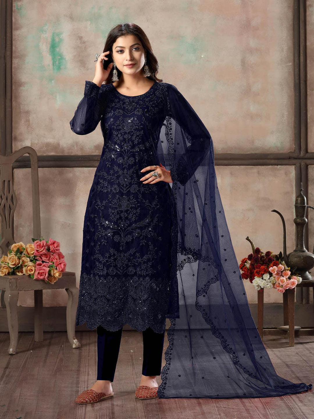 Buy Women s Blue Net Semi Stitched Salwar Suit Online. Odette