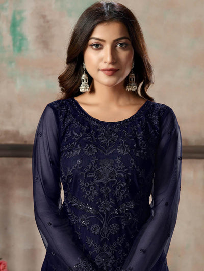 Women's Blue Net Semi Stitched Salwar Suit - Odette