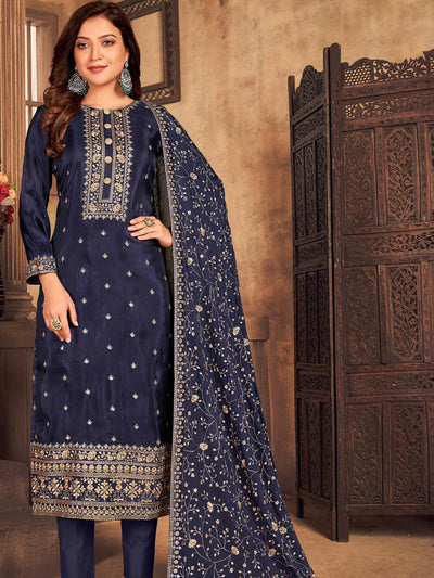 Women's Blue Viscose Semi Stitched Salwar Suit - Odette