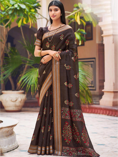 Women's Brown Chanderi  Printed Saree With Blouse Piece - Odette
