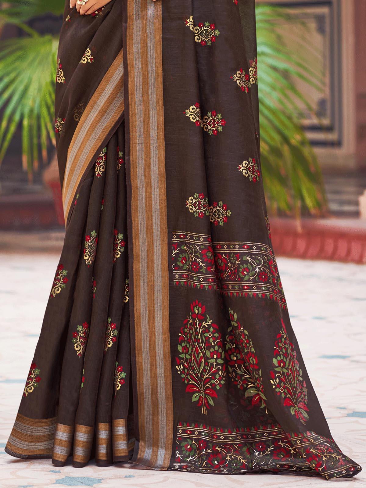 Women's Brown Chanderi  Printed Saree With Blouse Piece - Odette