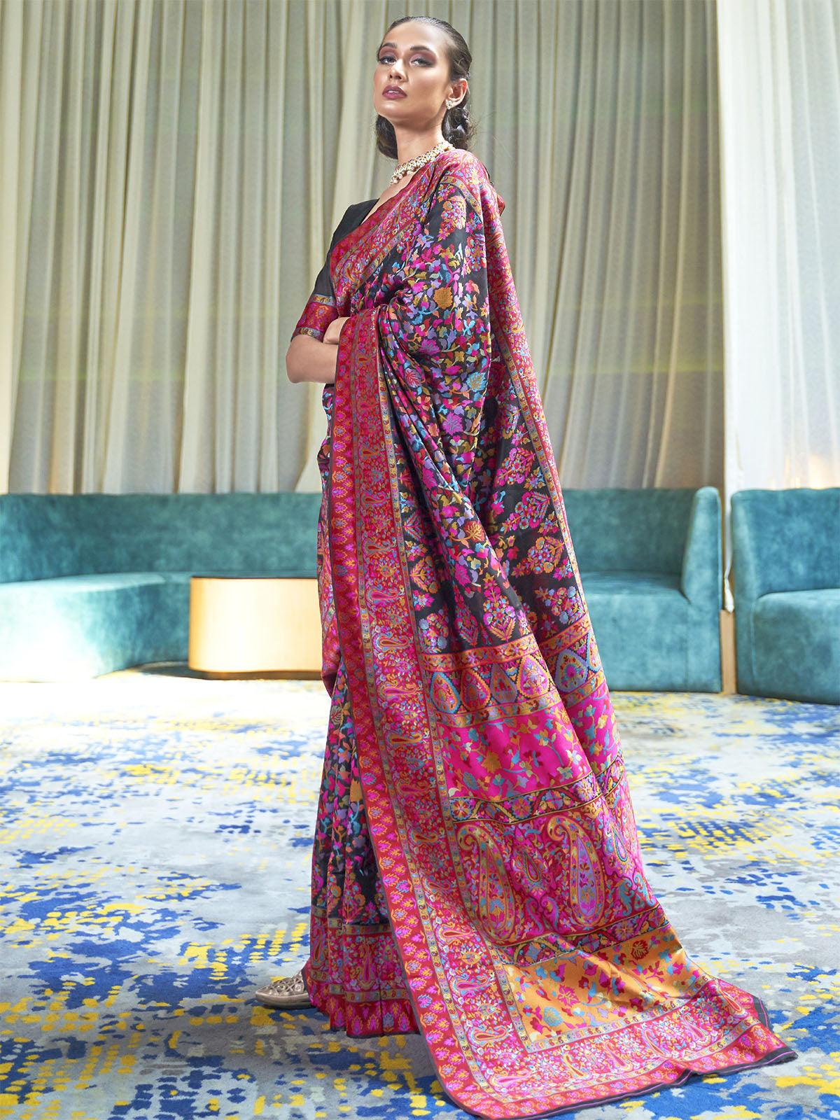 Women's Cotton Blend Black Floral Handloom Saree With Blouse Piece - Odette