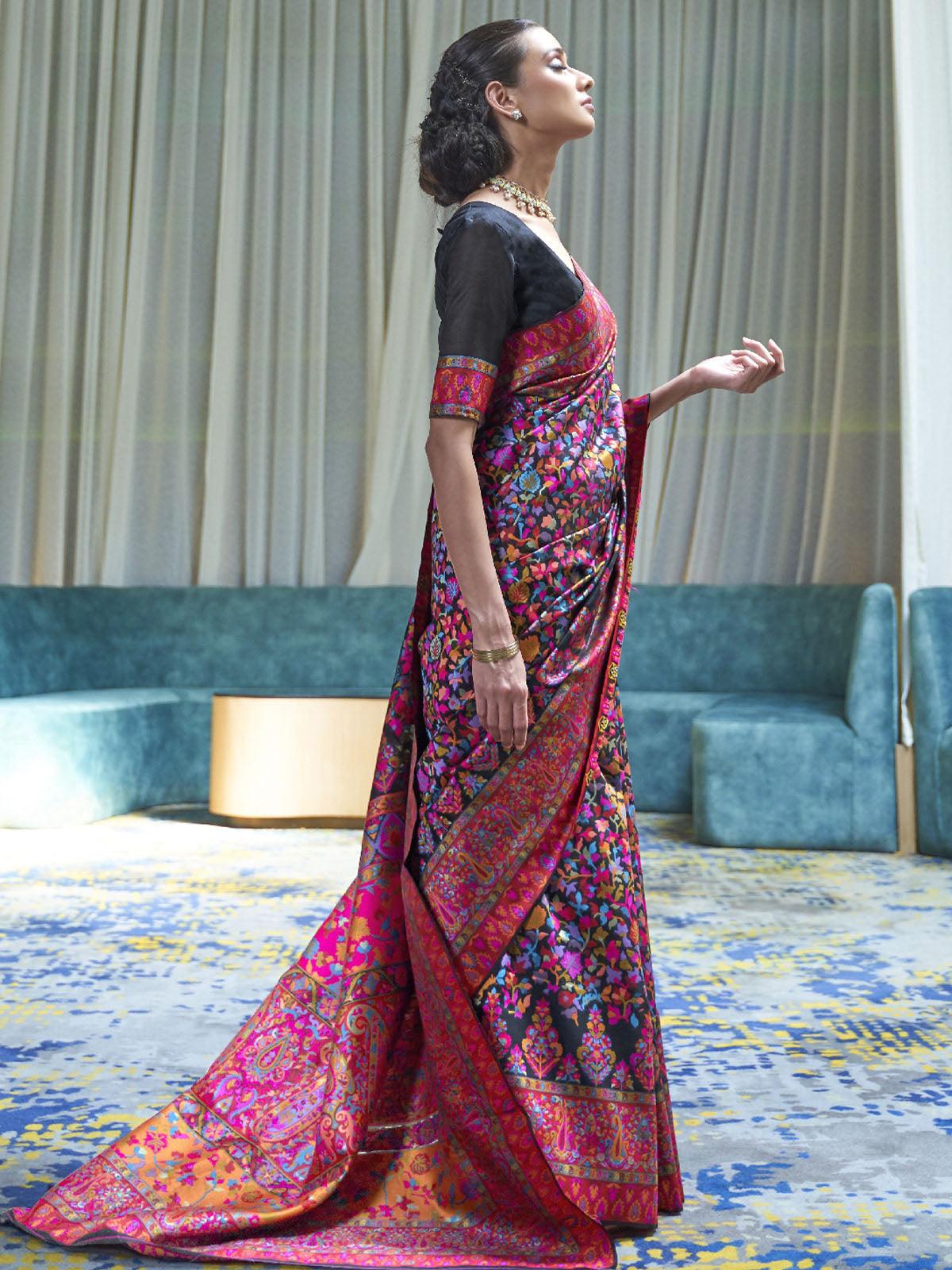 Women's Cotton Blend Black Floral Handloom Saree With Blouse Piece - Odette