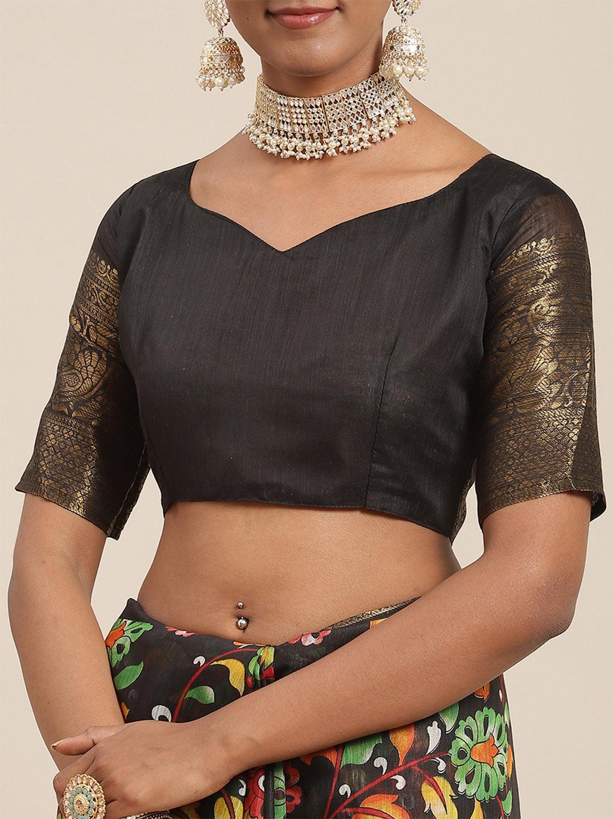 Women's Cotton Blend Black Printed Designer Saree With Blouse Piece - Odette