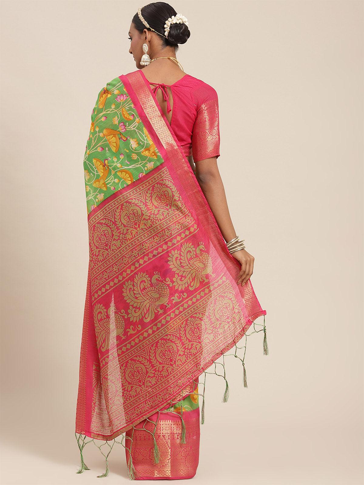 Women's Cotton Blend Green Printed Designer Saree With Blouse Piece - Odette