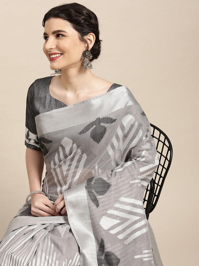 Women's Cotton Blend Grey Woven Design Handloom Saree With Blouse Piece - Odette