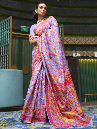 Women's Cotton Blend Lavendar Floral Handloom Saree With Blouse Piece - Odette