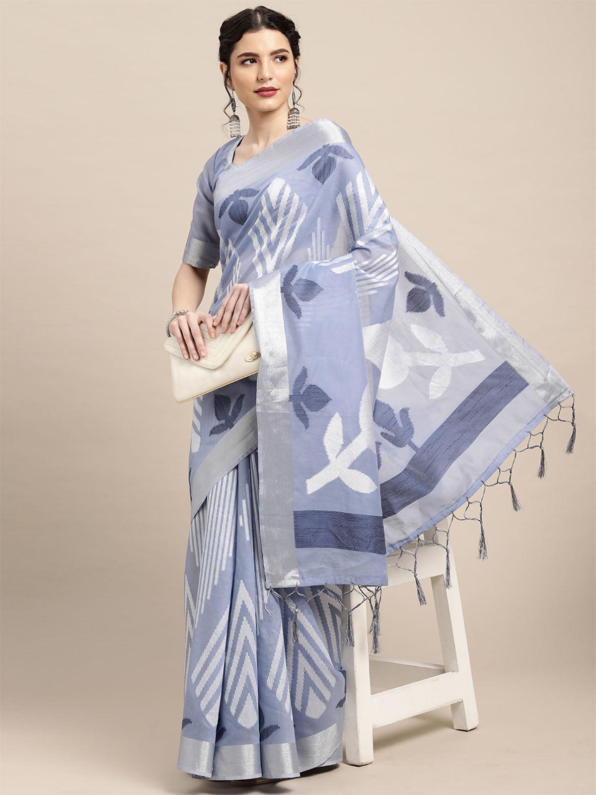 Women's Cotton Blend Light Blue Woven Design Handloom Saree With Blouse Piece - Odette