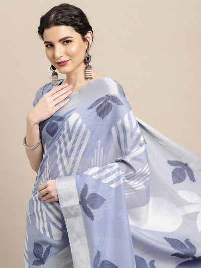 Women's Cotton Blend Light Blue Woven Design Handloom Saree With Blouse Piece - Odette