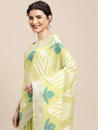 Women's Cotton Blend Lime Green Woven Design Handloom Saree With Blouse Piece - Odette