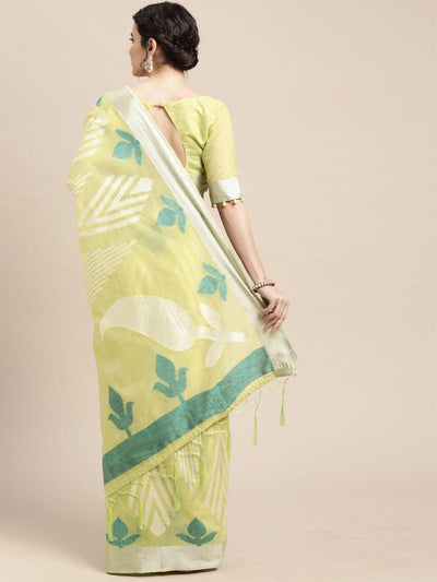 Women's Cotton Blend Lime Green Woven Design Handloom Saree With Blouse Piece - Odette