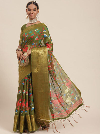 Women's Cotton Blend Olive Printed Designer Saree With Blouse Piece - Odette