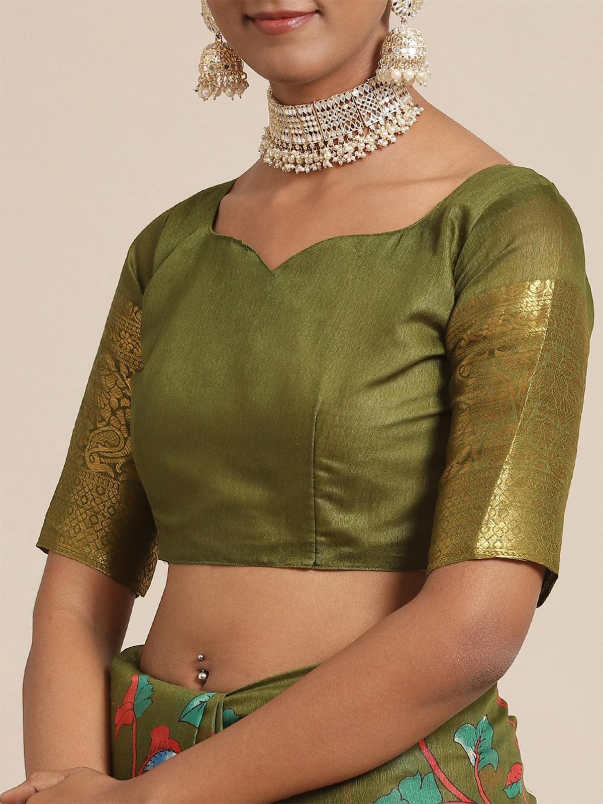 Women's Cotton Blend Olive Printed Designer Saree With Blouse Piece - Odette