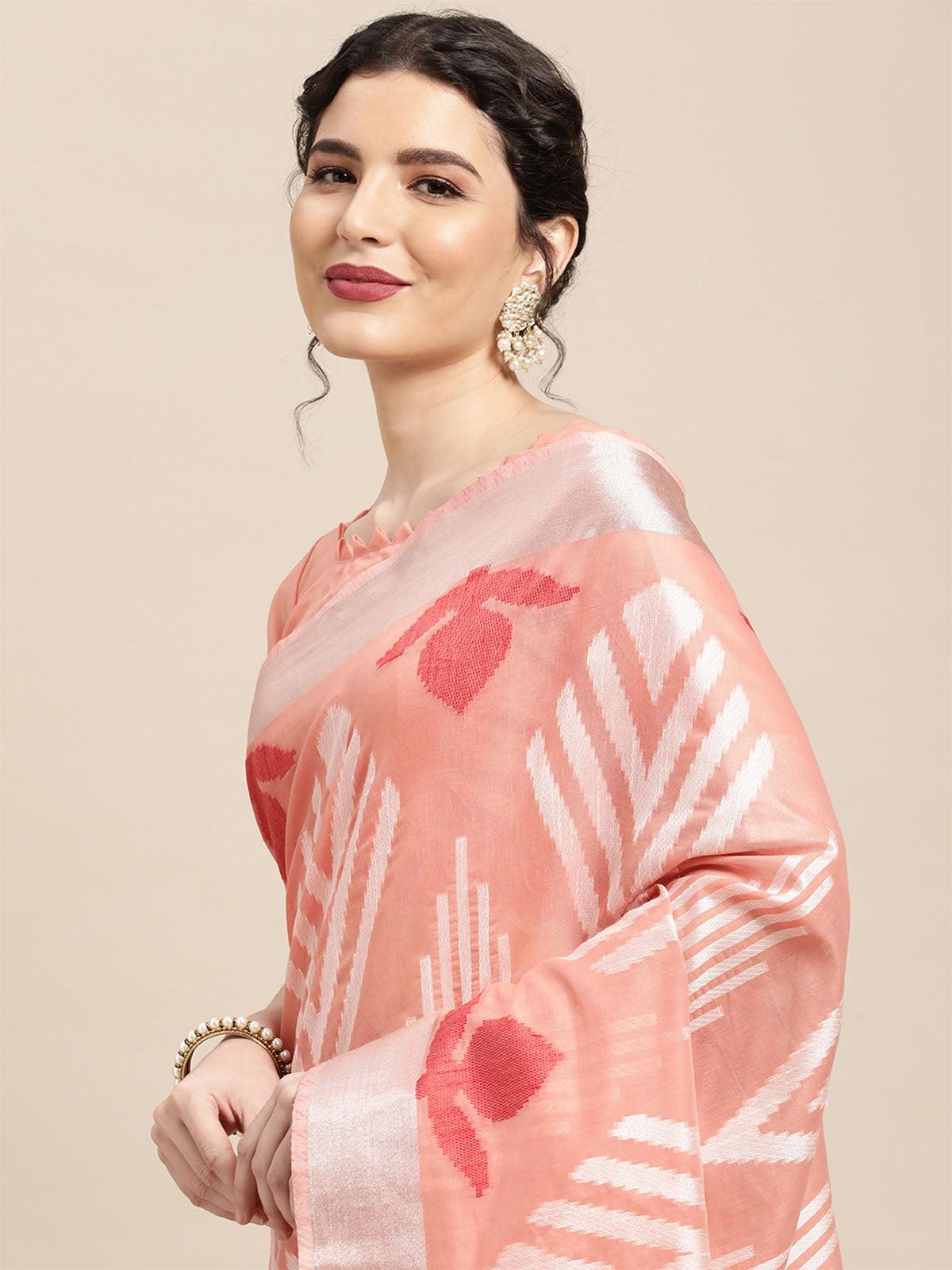 Women's Cotton Blend Peach Woven Design Handloom Saree With Blouse Piece - Odette