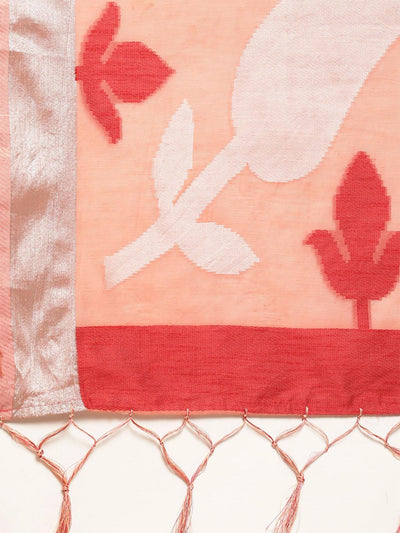 Women's Cotton Blend Peach Woven Design Handloom Saree With Blouse Piece - Odette