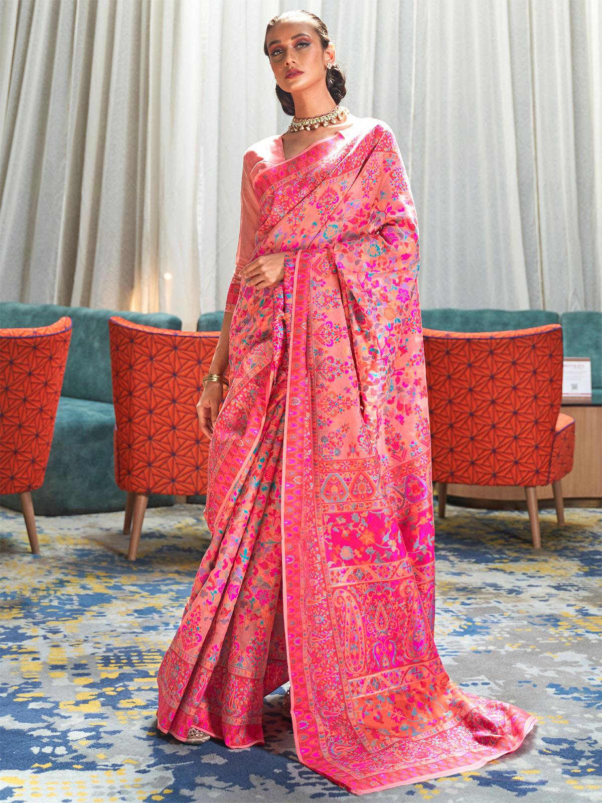 Women's Cotton Blend Pink Floral Handloom Saree With Blouse Piece - Odette