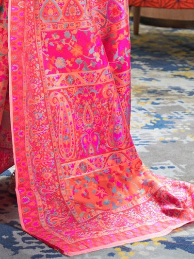 Women's Cotton Blend Pink Floral Handloom Saree With Blouse Piece - Odette