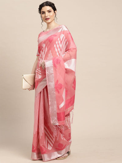 Women's Cotton Blend Pink Woven Design Handloom Saree With Blouse Piece - Odette
