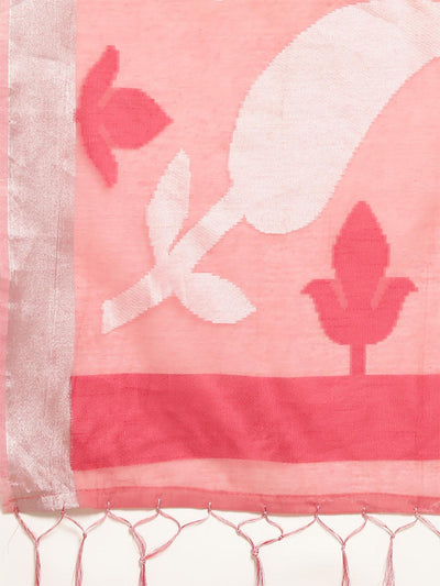 Women's Cotton Blend Pink Woven Design Handloom Saree With Blouse Piece - Odette