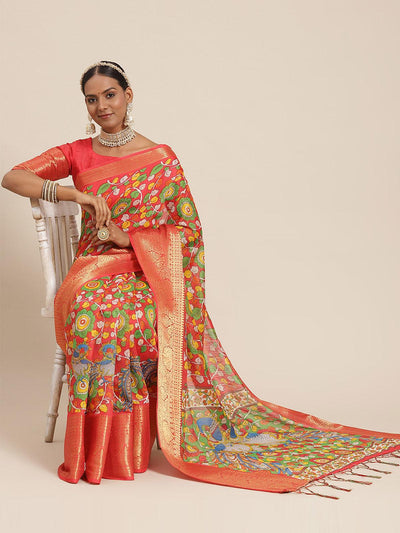 Women's Cotton Blend Red Printed Designer Saree With Blouse Piece - Odette