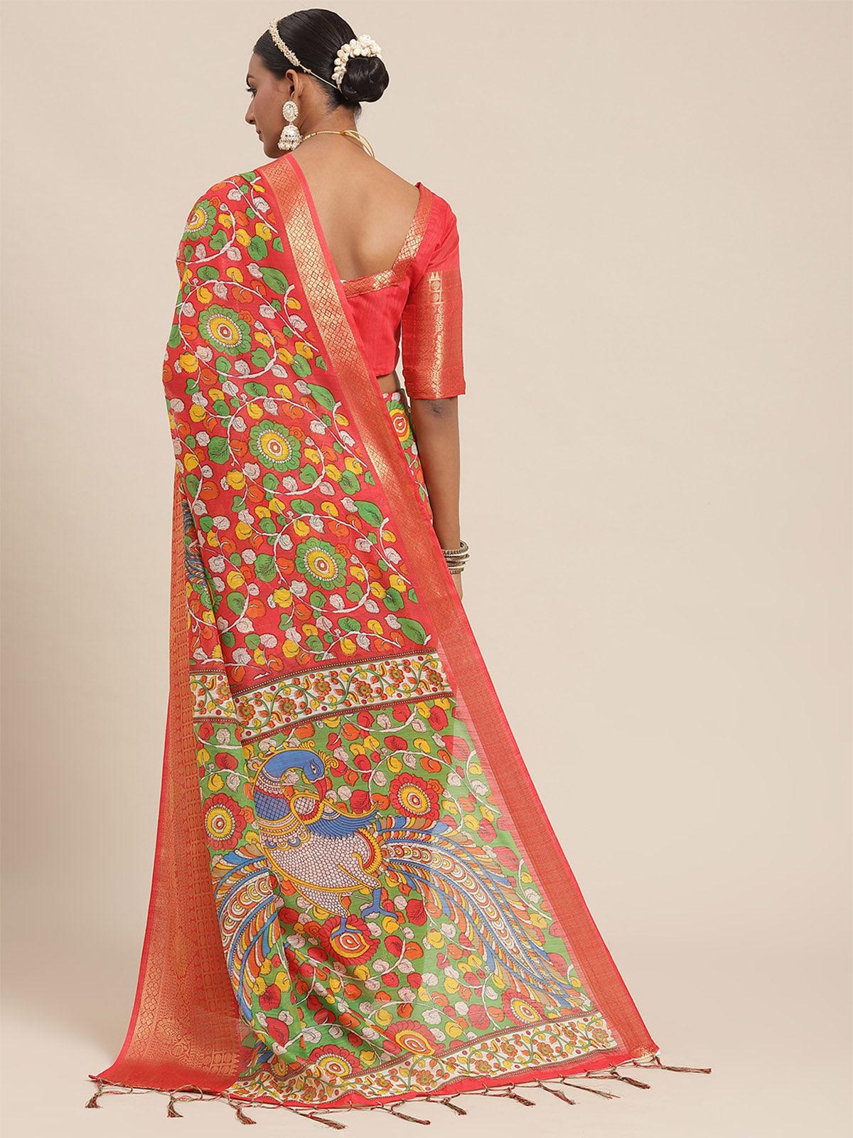 Women's Cotton Blend Red Printed Designer Saree With Blouse Piece - Odette