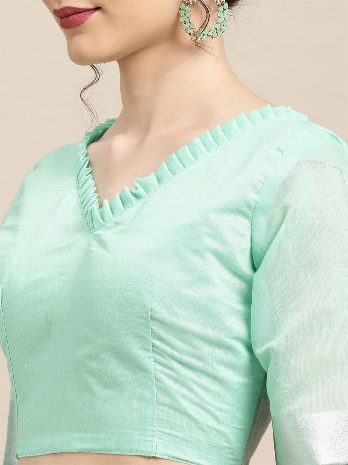 Women's Cotton Blend Sea Green Woven Design Handloom Saree With Blouse Piece - Odette