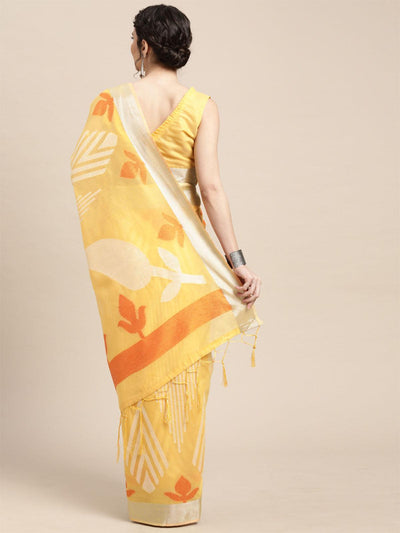 Women's Cotton Blend Yellow Woven Design Handloom Saree With Blouse Piece - Odette