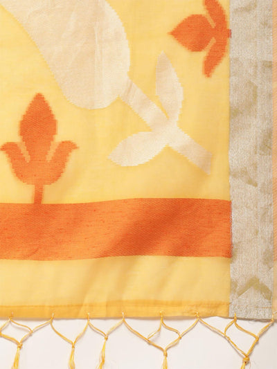 Women's Cotton Blend Yellow Woven Design Handloom Saree With Blouse Piece - Odette