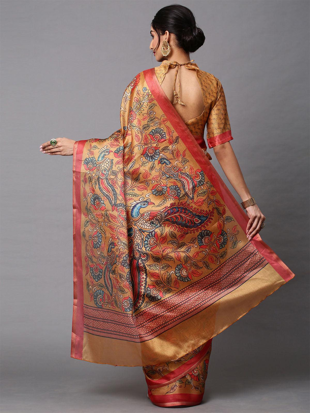 Women's Cotton Linen Beige Printed Celebrity Saree With Blouse Piece - Odette