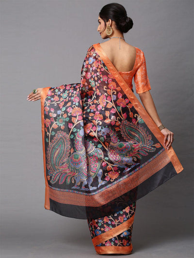 Women's Cotton Linen Black Printed Celebrity Saree With Blouse Piece - Odette