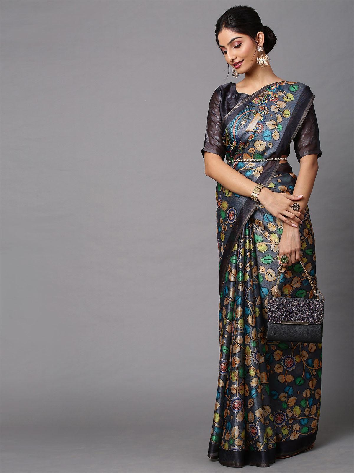 Women's Cotton Linen Grey Printed Celebrity Saree With Blouse Piece - Odette