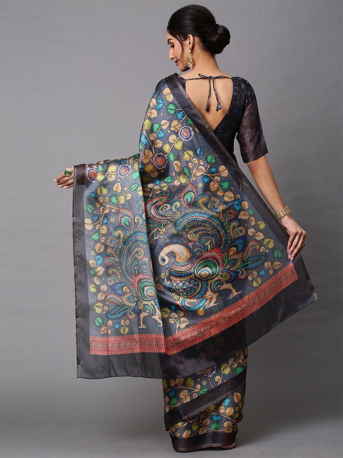 Women's Cotton Linen Grey Printed Celebrity Saree With Blouse Piece - Odette