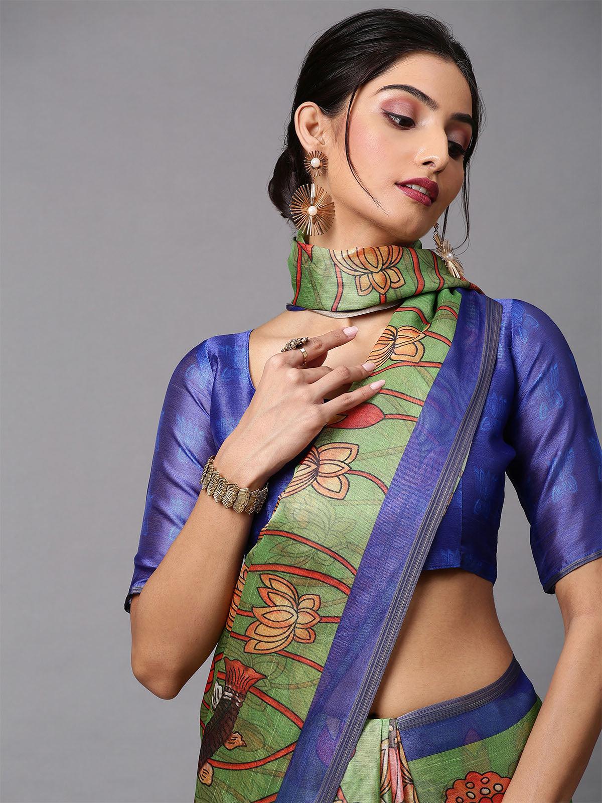 Women's Cotton Linen Olive Printed Celebrity Saree With Blouse Piece - Odette