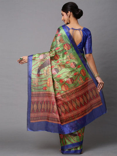 Women's Cotton Linen Olive Printed Celebrity Saree With Blouse Piece - Odette