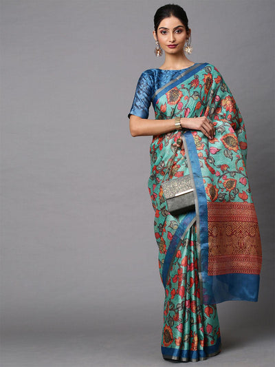 Women's Cotton Linen Sea Green Printed Celebrity Saree With Blouse Piece - Odette