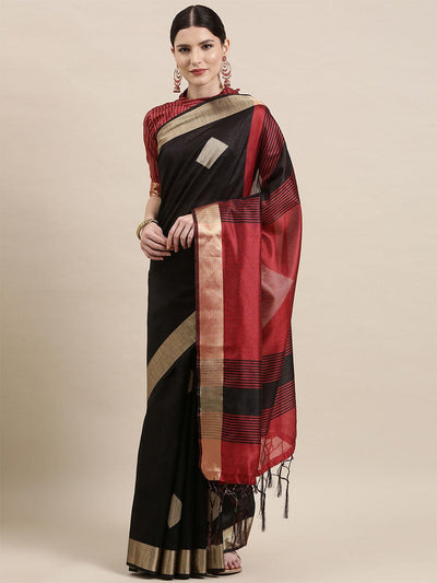 Women's Cotton Silk Black Woven Design Handloom Saree With Blouse Piece - Odette