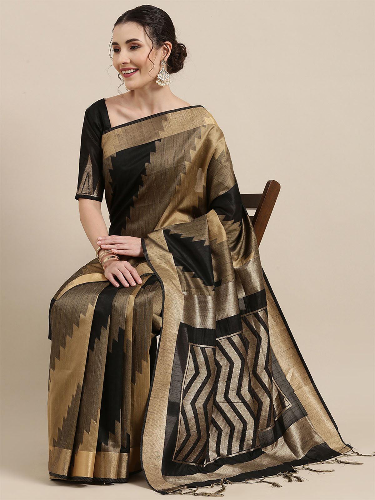 Women's Cotton Silk Black Woven Design Handloom Saree With Blouse Piece - Odette