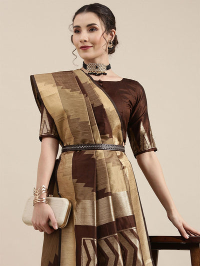 Women's Cotton Silk Brown Woven Design Handloom Saree With Blouse Piece - Odette