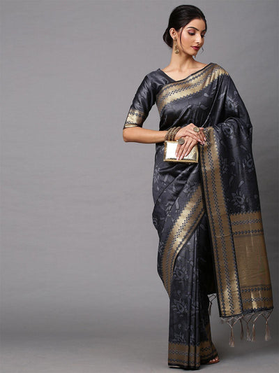 Women's Cotton Silk Charcoal Grey Printed Celebrity Saree With Blouse Piece - Odette